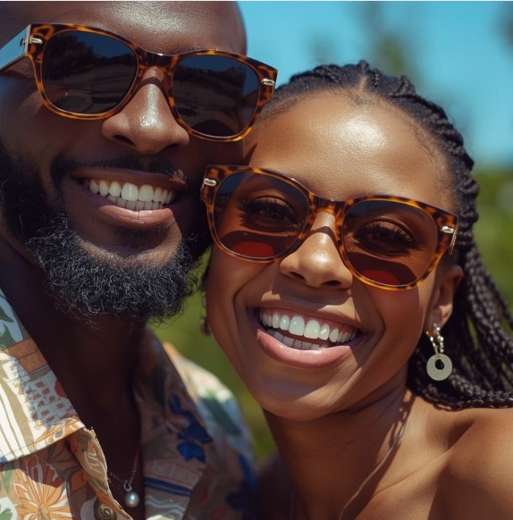 Closeup photo of a young African couple posing together outdoors wearing sunglasses